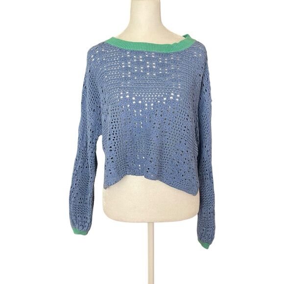 Free People XS Home Run Sweater Blue Cropped Open Weave Crewneck Crop - Picture 1 of 9
